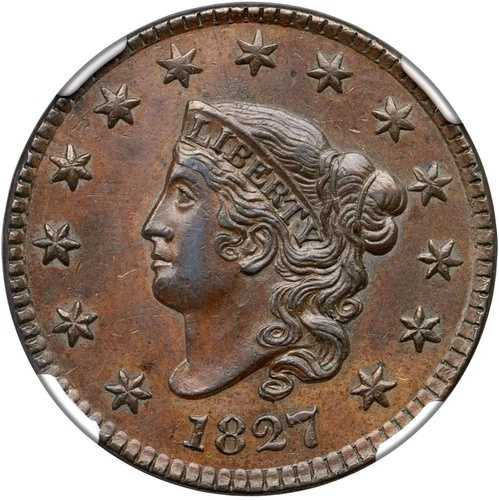 1827 N-3 R-2 NGC AU 58 マトロンまたはコロネットヘッド ラージセントコイン 1セント