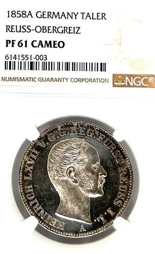ドイツ諸州 ロイス・シュライツ 1858年 ターラー貨幣 ターラー NGC PF 61 カメオ UNC PP/プルーフ