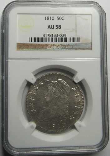 1810 年キャップド バスト ハーフ ドル、NGC AU58、ラスター バスター、ホワイト、完璧な縁。