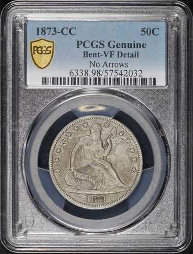 1873-CC 矢なし座像リバティハーフドル PCGS VF 詳細 曲がった