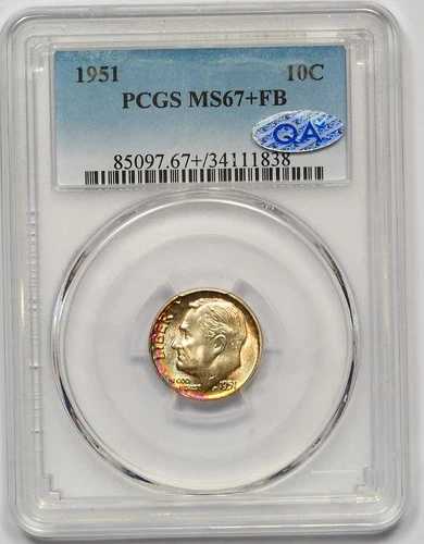 1951年 PCGS MS-67+FB QA ルーズベルト・ダイム!フロスティホワイト!ライトレインボー!無傷|WORLD RESOURCE【QUEEN店】