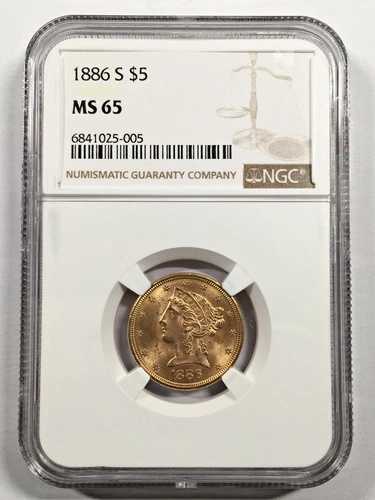 1886-S 5ドル金貨 リバティ・ハーフイーグル NGC MS65 6XOHA25