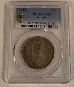 1943年製アイルランド製ハーフクラウン。PCGS AU50認定。希少コレクターズアイテム。現存数わずか500枚。