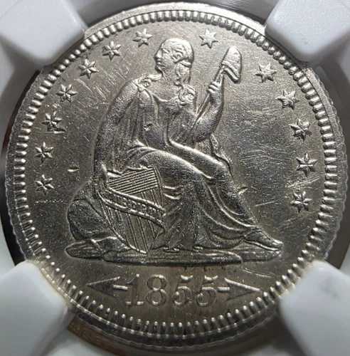 1855-O アローズ 25セント 着席型自由の女神像 25セント硬貨 重要日付 / 少量発行！ NGC AU 詳細。