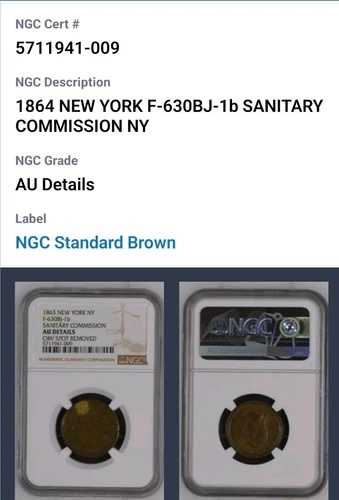 ニューヨーク州ニューヨーク、1864年衛生委員会トークン F-630Bj-1b NGC AU 詳細。CB1156