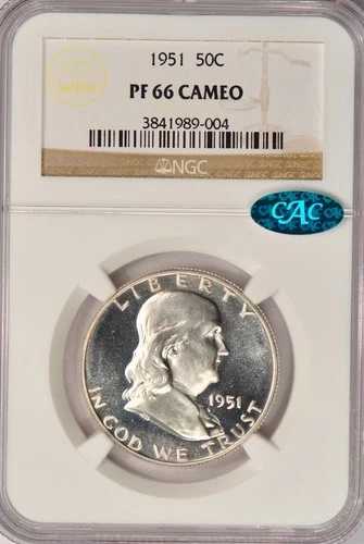1951年 CAC フランクリン ハーフダラー プルーフ NGC PF 66 CAMEO PR66CAM フロスティコイン 50セント 903,100円