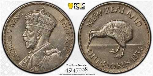 ニュージーランド 1934年 フローリン 2/- KM# 4 PCGS AU58 aUNC #3834