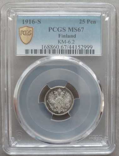 フィンランド シルバー 25 ペニー UNC コイン 1916 年 KM#6.2 PCGS グレーディング MS67 トップポップ ?? 44,880円