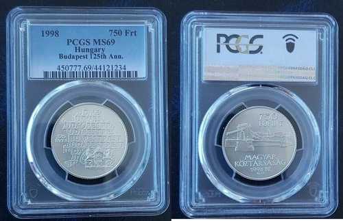 ハンガリー 銀貨 UNC 750 フォリント 1998年 統一 KM#725 PCGS MS69 トップ ??