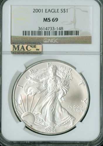 2001 シルバー イーグル NGC MS69 MAC スポットレス。