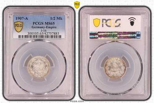 PCGS MS65 ドイツ帝国銀貨 - 1/2マルク 1907年 ヒトラー美術学校不合格