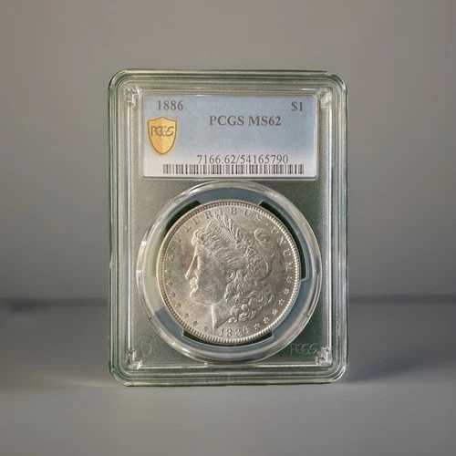 1886年 P シルバー モルガン ダラー MS 62、PCGS ゴールド シールド - DJ