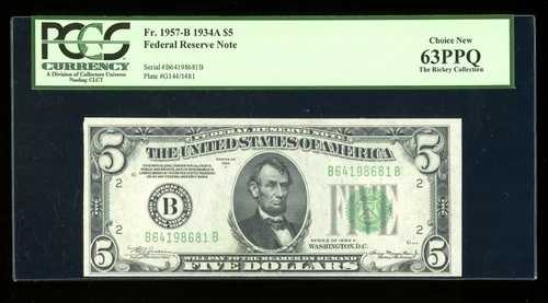DBR 1934-A $5 FRN ニューヨーク神父1957-B PCGS 63 PPQ シリアル B64198681B