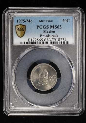 1975年-月 メキシコ 20セント ブロードストラック ミント エラー PCGS MS63