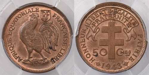 フランス領赤道アフリカ 1943年 SA 50サンチーム 雄鶏 PCGS MS 64 赤茶色