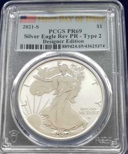 2021-S ASE タイプ2 | PCGS PR69 DCAM | .999 ASE 1オンス | プルーフ FDI、フラッグデザイナー