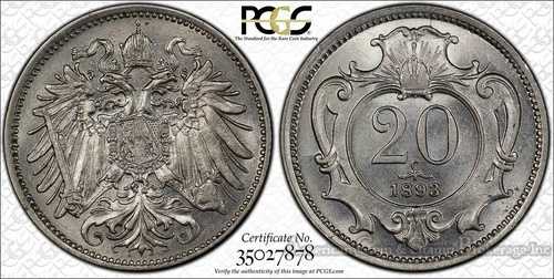 オーストリア 20 ヘラー 1893 MS65 PCGS ニッケル KM#2803 フランツ・ヨーゼフ1世 ホワイト ウルトラジェム
