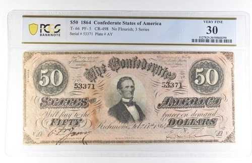 1864年 50ドル アメリカ連合国 T-66 PF-5 CR-498 非常に良好な状態 30 PCGS *8149