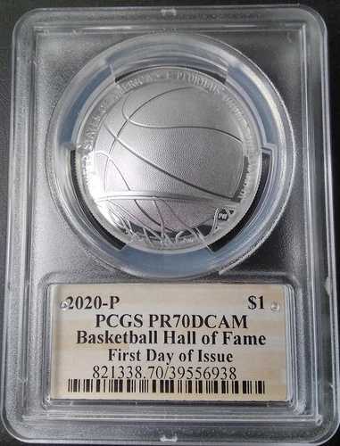 :2020-P 1ドル バスケットボール殿堂記念 PCGS PR-70-DCAM FDOI トップポップ