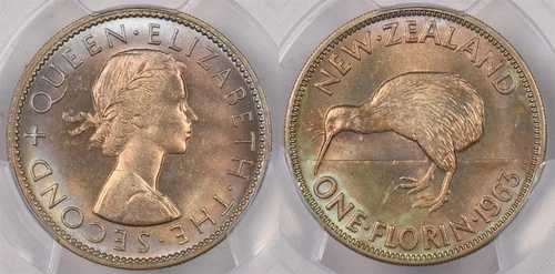 ニュージーランド 1963年 フローリン キウイ 鳥 動物 PCGS MS 65 PI0149 同梱配送