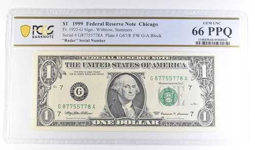 1999 $1 シカゴ IL FRN Fr#1925-G レーダー シリアル ジェム Unc 66 PPQ PCGS *6119
