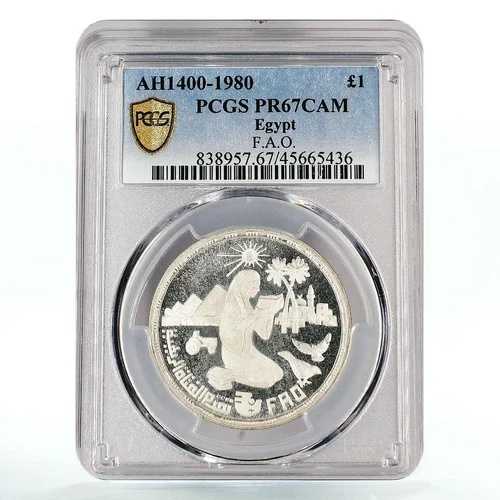 エジプト 1ポンド FAO 読書する女性 2羽の鳥 トラクター PR67 PCGS 銀貨 1980年