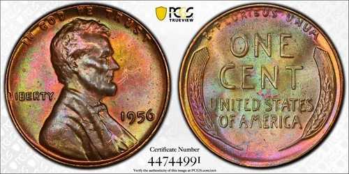1956年 1セント リンカーン ウィート セント PCGS MS65BN レインボートーン