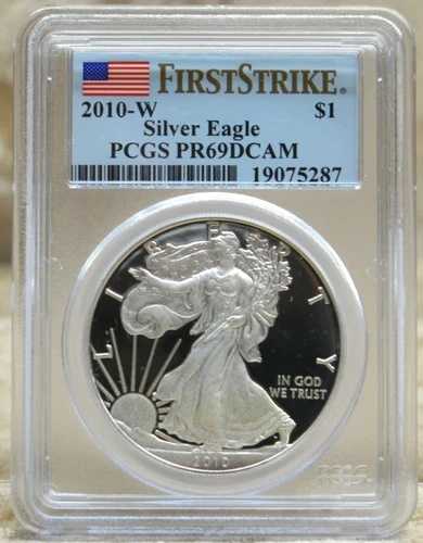 2010 W $1 PCGS PR69 DCAM ファーストストライク シルバー イーグル プルーフ ホワイトスポットとトーン