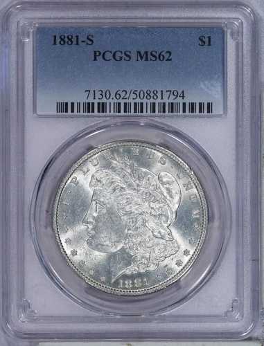 1881-S モーガン シルバー ダラー $1 PCGS MS62 - 非常に派手なセミPL!