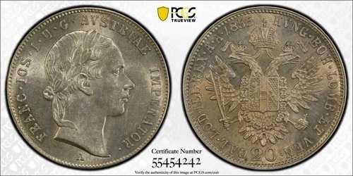 オーストリア、シルバー 20 クロイツァー 1853 A - PCGS MS 62、希少