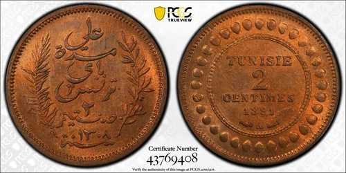 1891年 A チュニジア 2サンチーム PCGS MS65 RB トップポップ 3/0 ファイナー RB フラッシージェム 1563