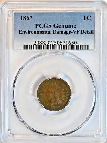 1867年 インディアンヘッド セント PCGS グレード 環境損傷 VF 詳細 BN コイン 2088