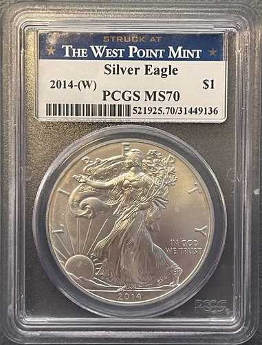 2014年 W シルバーイーグル グレーディング済み (PCGS MS70) ウェストポイントミント ブルーラベル! 1ドル シルバー