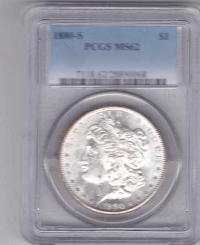 美しい色合いの1880年Sモルガン銀貨 - PCGS MS62 - 希少