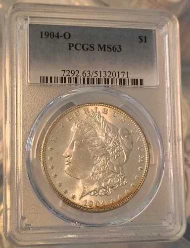 1904-O モルガン銀貨 $1 PCGS MS63 ? ゴールドリムトーン ? チョイスアンサーキュレート