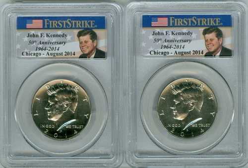 2014 P & D PCGS SP67 ファーストストライク クラッドセット、シカゴ ANA JFK ハーフ ケネディ 50周年記念