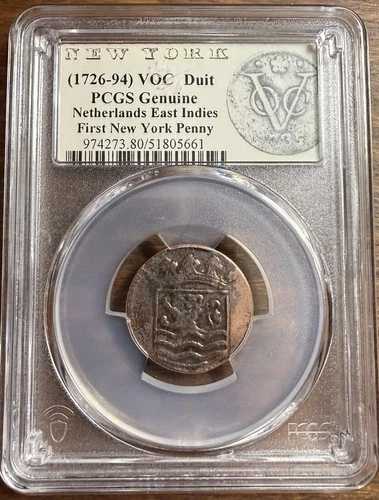 1726-94年 ニューヨーク初代ペニー VOC デュイット、PCGS 正規オランダ領東インド 1738年