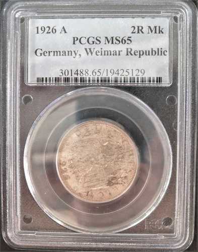 1926 年 A ドイツ 2 ライヒスマルク、PCGS MS 65、良質銀貨 # 776,19-4。