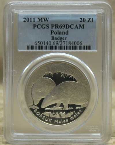 ポーランド 2011 MW 20 ZLOTYCH PCGS PR69 DCAM ? ヨーロッパアナグマ（メレス・メレス）28.28g