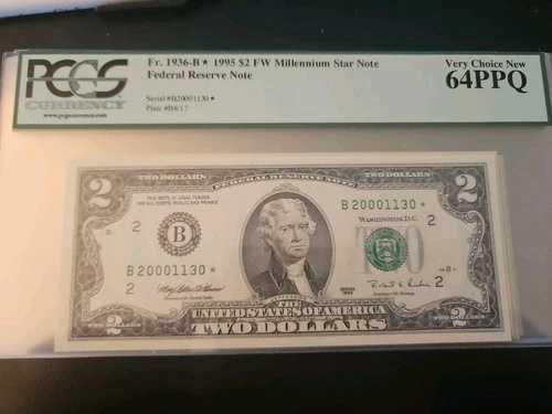 1995年スターFRN 2ドル札 ミレニアム。1936-B* PCGS 64PPQ 新品