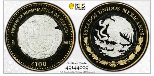 メキシコ 100 ペソ 貨幣遺産フェリペ 3 世 Cob PL69 PCGS バイメタル コイン 2012
