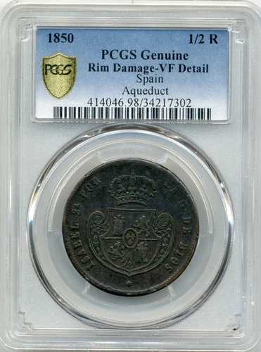 1850年 スペイン 1/2レアル、水道橋、イサベル2世 - PCGS VF 詳細