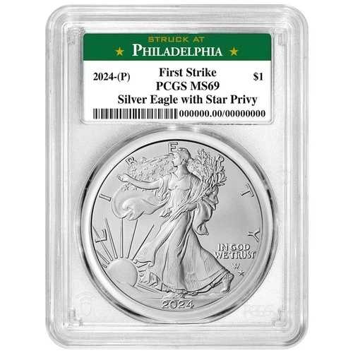 2024年 (P) $1 1オンス アメリカン シルバー イーグル スター プリヴィ PCGS MS69 FS フィラデルフィア