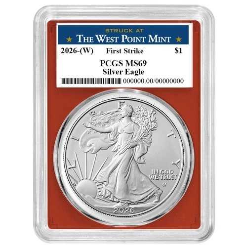 2026年 (W) $1 1オンス アメリカン シルバー イーグル PCGS MS69 FS ウェストポイント ラベル レッドフレーム