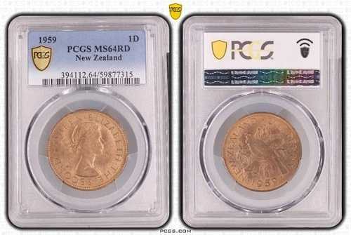 1959年 ニュージーランド ペニー 1D - PCGS グレーディング済み - MS64RD - プレデシマル