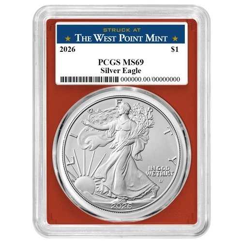 2026年 1ドル 1オンス アメリカンシルバーイーグル PCGS MS69 ウェストポイントラベル レッドフレーム