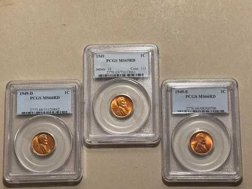 3枚セット：1949年 PDS リンカーンセント、PCGS MS66RD & MS65RD ナイストーン