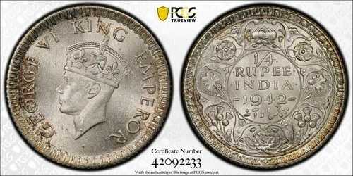 イギリス領インド、1942年 - ジョージ6世記念クォータールピー、1/4ルピー。PCGS MS 65。 44,880円