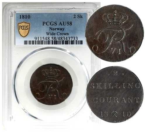 ノルウェー。フレデリック6世 1810年 ラージクラウン 2 スキルリング PCGS AU-58 KM-280.1