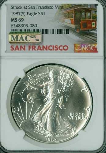 1987年 (S) シルバーイーグル NGC MS69 MAC スポットレス 非常に希少なローポップ トロリーカー *